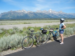 view of Tetons from bike path