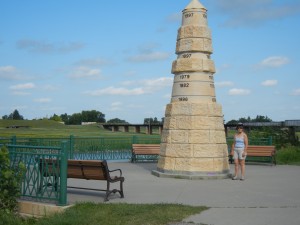 Amy at the flood obelisk in Grand Forks