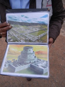 ruins and artist conception of former Incan temple on Saqsayhuaman