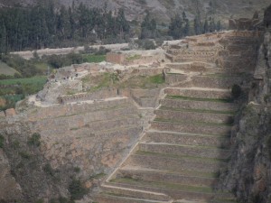 archaeological park of Ollantaytambo viewed from across the valley