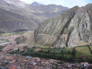 view from Pinkuylluna mountain of Ollantaytambo and the sun temple site across the valley