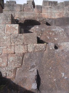 Pisac ruins:  the bedrock has been carved to fit the bottom of the stone wall