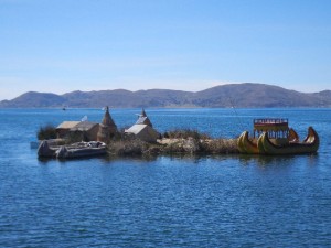 floating island and reed boats on Lake Titicaca