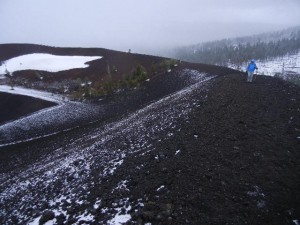 hiking along the outer rim of Cinder Cone (the rim of the inner crater is on the left)