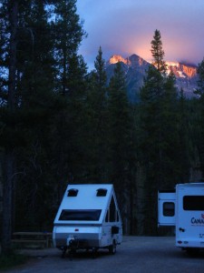 Temple Mountain at sunset from our campsite in Lake Louise