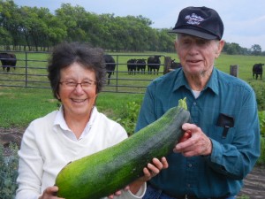 Amy helping Jack pick zucchini from his garden